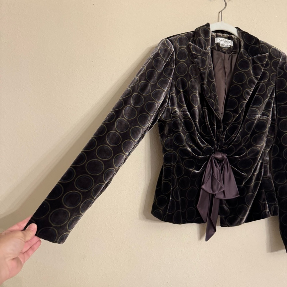 Kay Unger Black W/Green Circles Silk Velvet Blazer Jacket Silk Bow Sz 2 Designer